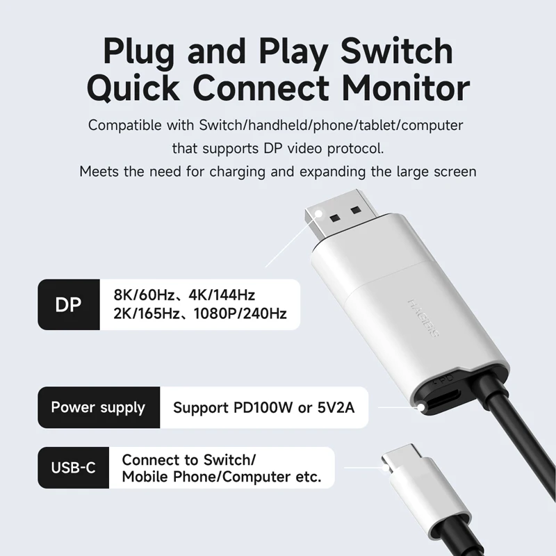 Hagibis  USB C to DisplayPort Cable 8K@60Hz 4K@144Hz 2K165Hz Type-C to DP Adapter Compatible With Thunderbolt 4/3 iPhone 16 XPS