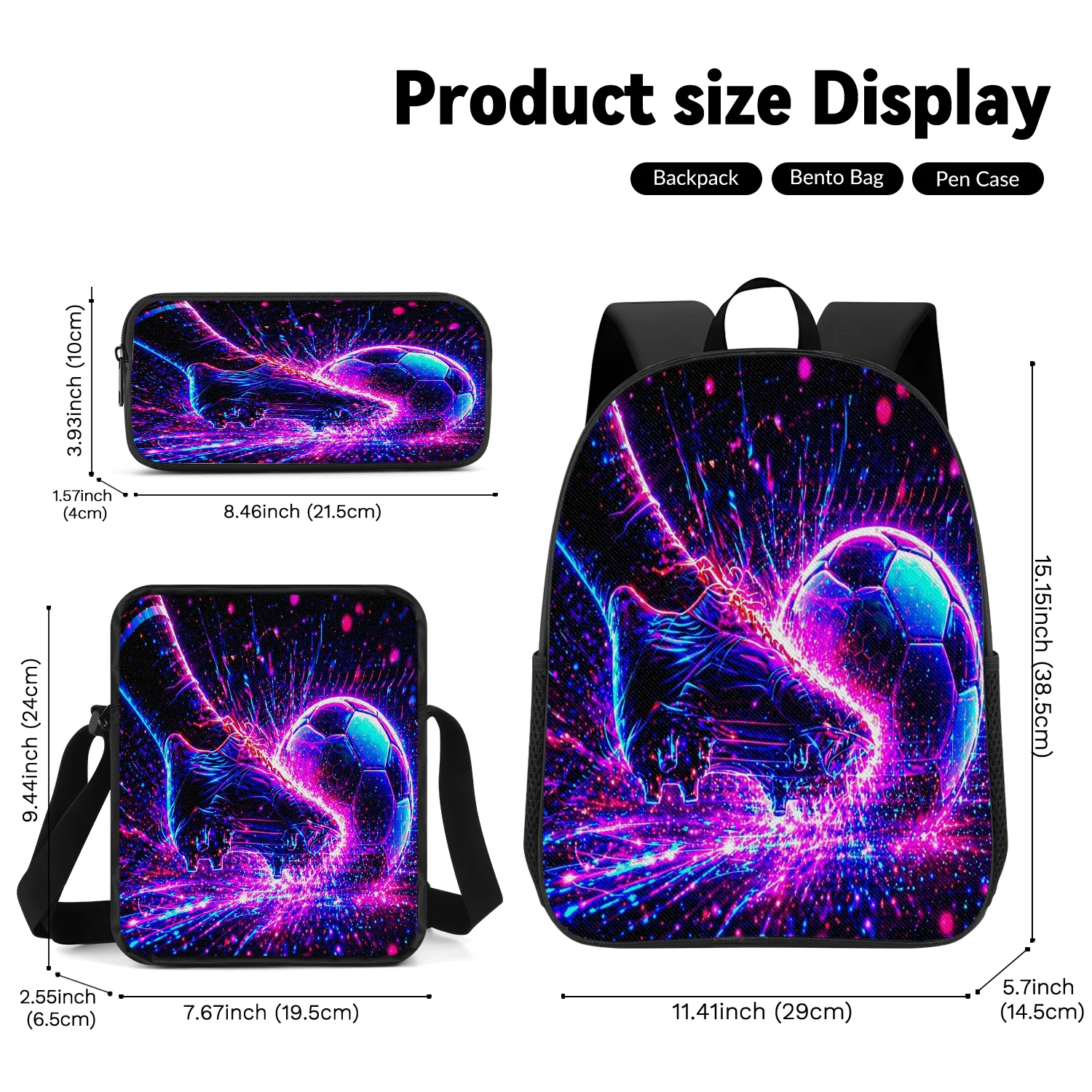 3-Piece Neon Soccer Print Backpack Set, Includes Backpack, Crossbody Bag and Pencil Case, Lightweight Unisex Bag