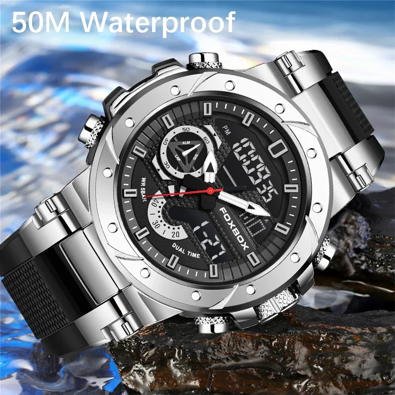 LIGE Brand Fashion Electronic Man Watch Military Silicone Casual Sport Waterproof Watches for Men Dual Digital Display Clock+Box