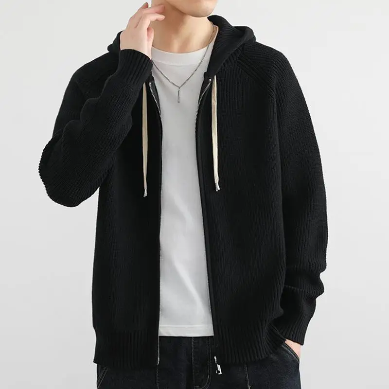 

Весенне-осенний новый мужской вязаный кардиган с капюшоном, однотонный, повседневный, простой, на молнии, свободного кроя, из смесового хлопка и полиэстера
