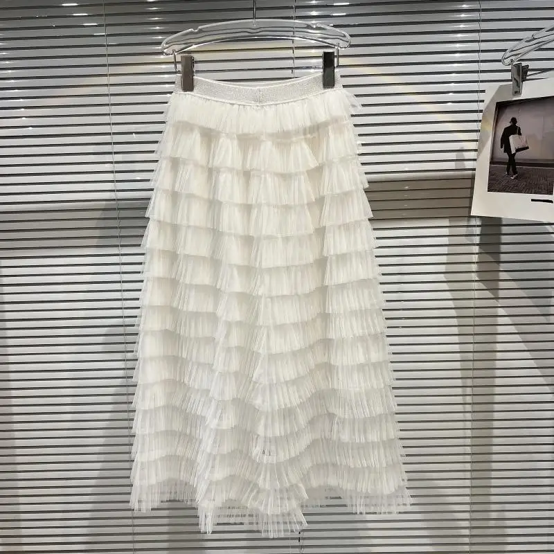 Spring  Sweet Sle Midi A-Line Skirt Pure Color Me Multi-Layer Elastic Waist f Body Skirt Fairy T Sle Women's ...