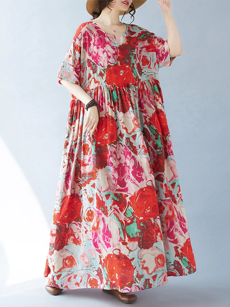 فساتين صيفية جديدة من القطن لعام 2025 فساتين مطبوعة فضفاضة غير رسمية للنساء فستان بوهو للعطلات رداء نسائي ملابس طويلة أنيقة