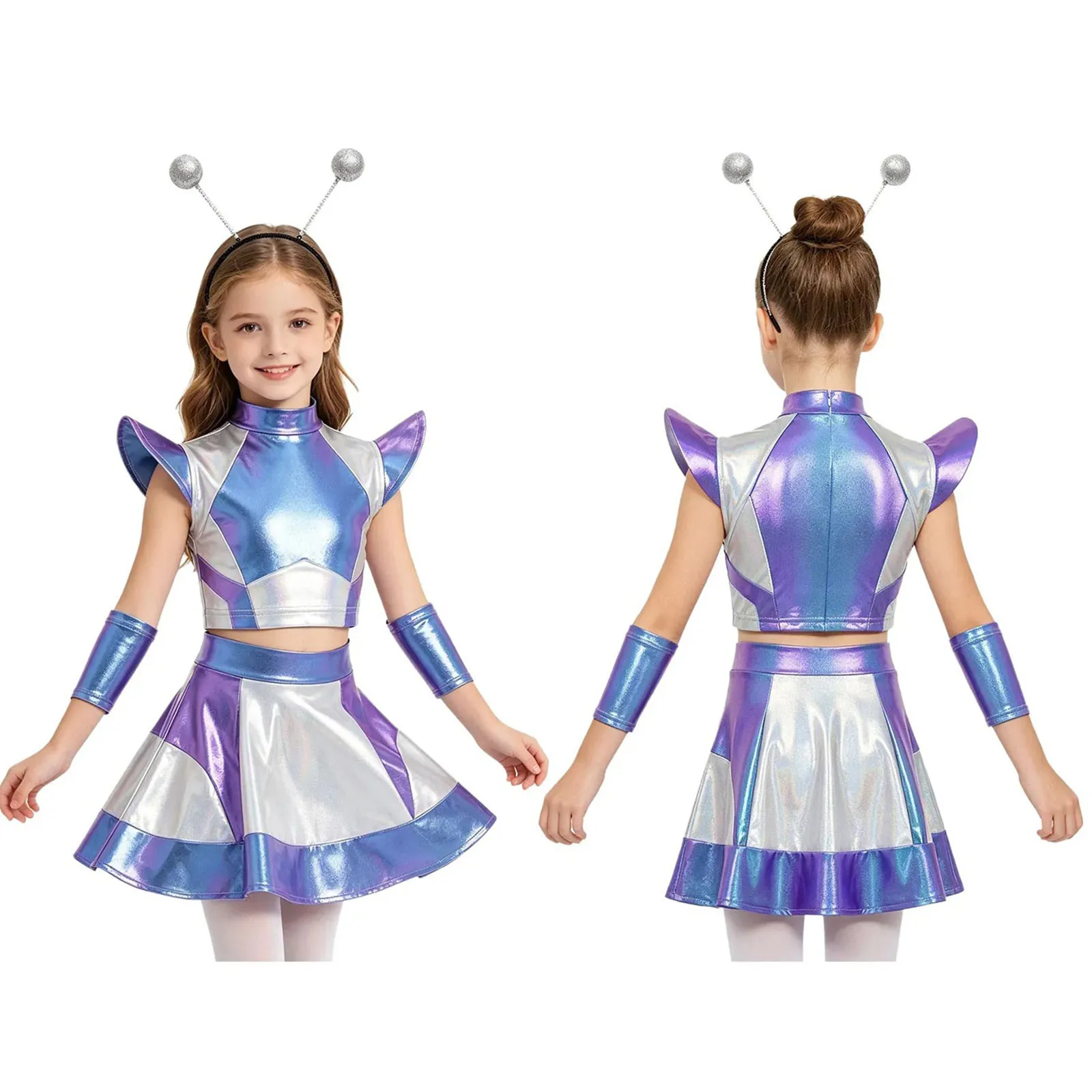 Disfraz de Halloween para niñas: Traje de astronauta alienígena plateado con top corto metálico de manga corta, falda y diadema