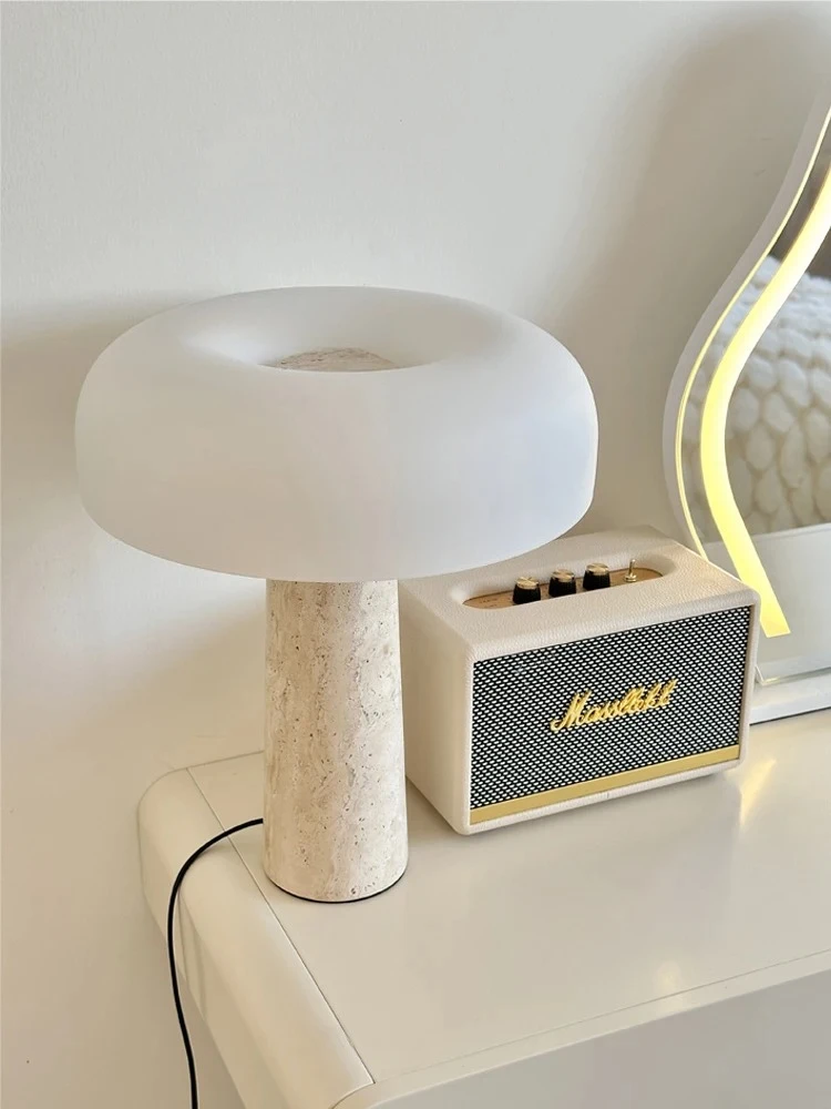 Natural Stone LED Desk Lamp Modern Travertine Table Lamp Indoor Decor Lighting Bedroom Living Room Study Matte Glass Lampshade