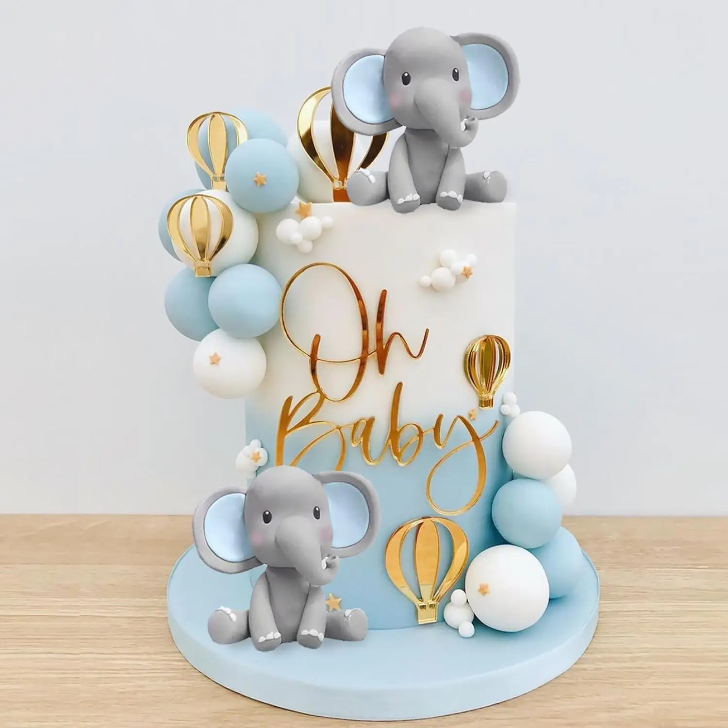 Elephant Cake Decoration Baby Cake Topper Blue White Pearl Balls Hot Air Balloon for Baby Shower Elephant Theme Birthday Party