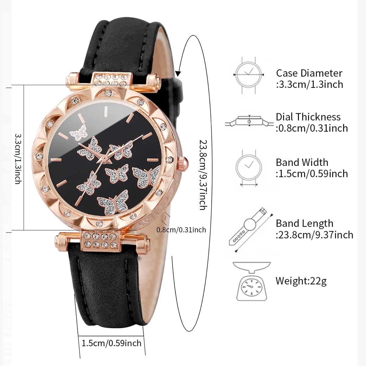 6PCS/Set Women Watches Pearls Jewelry Set Fashion Rhinestone Butterfly Dial Leather Band Quartz Watch（Without Box）