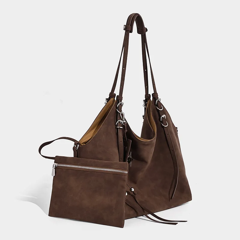 2025 Fall Winter New Faux Suede Spacious Tote Single Shoulder Underarm Bag Women Commuting Trendy Chic Premium Shopping Handbag