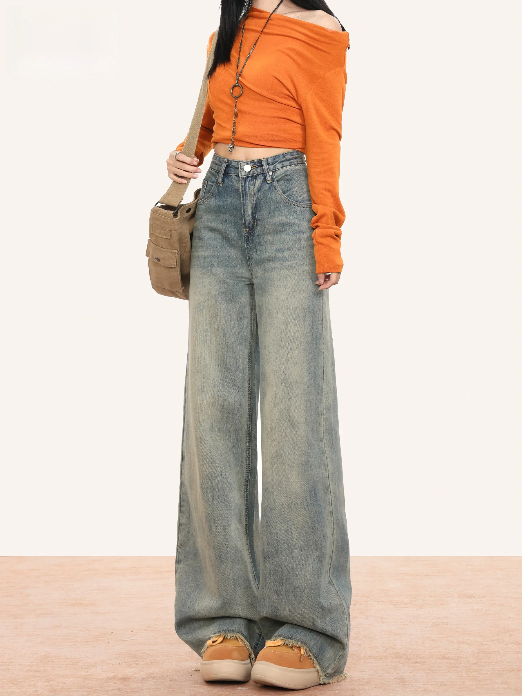 

Американские винтажные женские джинсы с высокой талией, свободного кроя, с эффектом потертости, осенние, новые, широкие брюки, износостойкие, из смесового хлопка