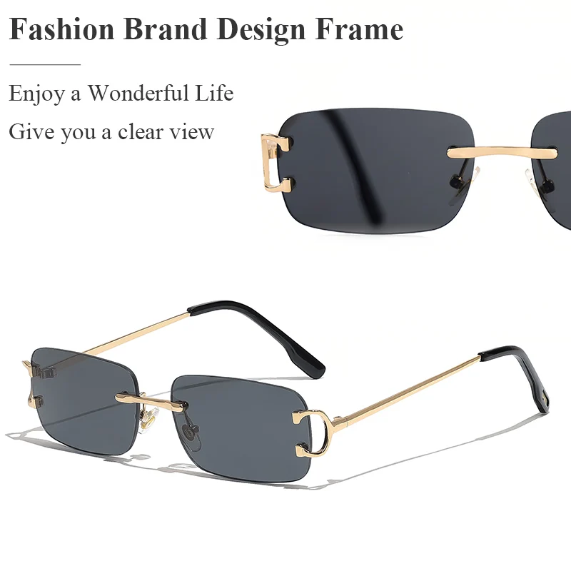 HBK Vielseitige Retro Randlose Sonnenbrille Für Frauen Männer Kleine Quadratische Gold Rahmen Tee Shades Rechteck UV400 Zonnebril Brillen – Detail 4