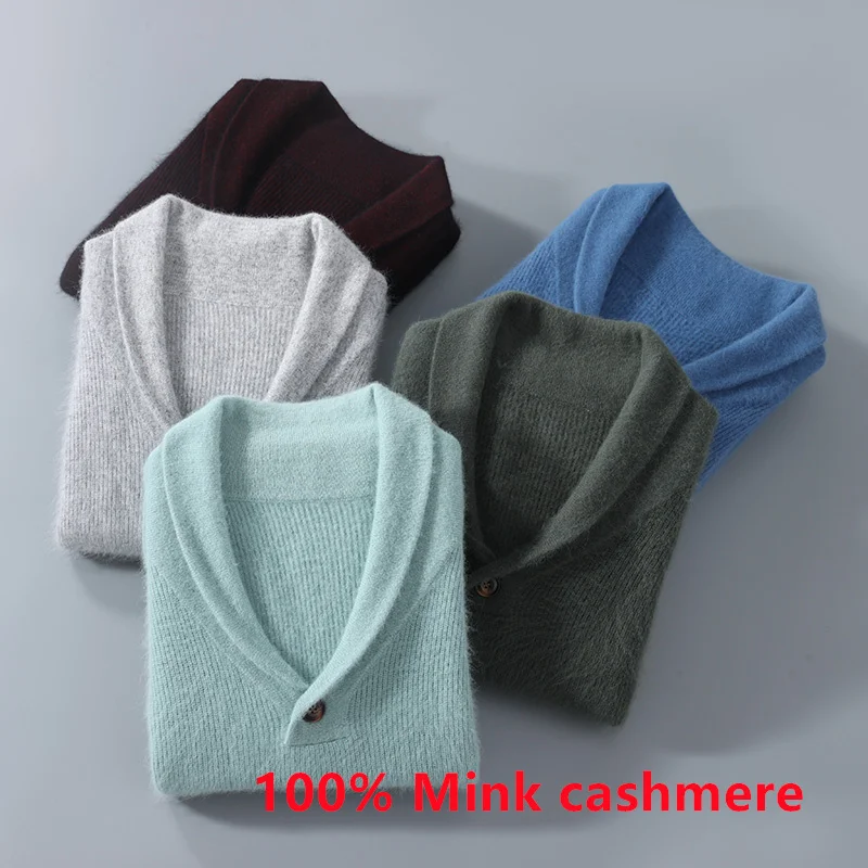 

Fashion Men's Clothing Hot Sale Autumn and Winter Pure Mink Cashmere Sweater Men Elegant Green Fruit Collar Knit Pullover Tops