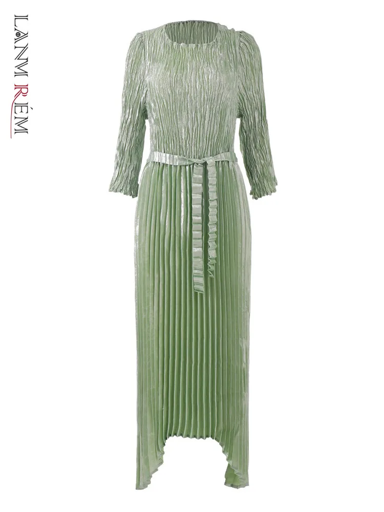 

Платье женское необычное Плиссированное с круглым вырезом и поясом