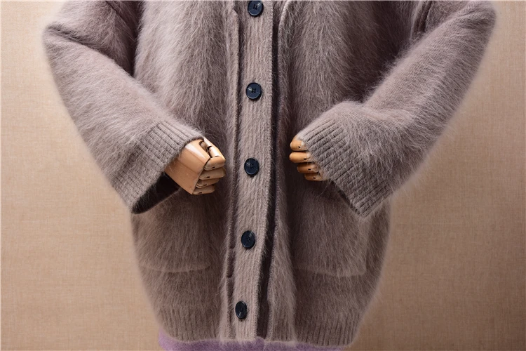 Jerseys Mujer Women Autumn Winter Clothing Hairy Mink Cashmere Knitted Long Sleeves V-Neck Loose Cardigans Angora Sweater Jacket