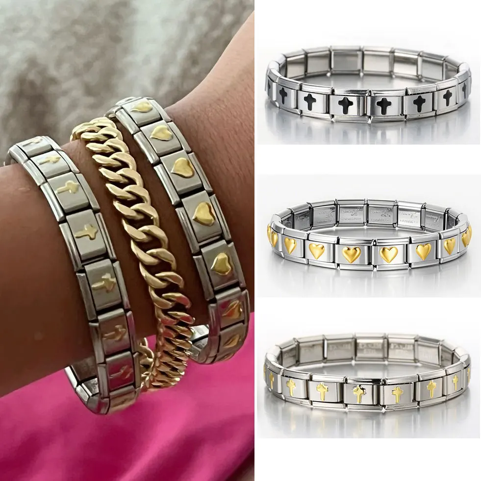 Bracelet à breloques italien en acier inoxydable, croix, cœur, couleur argent, largeur 9mm, bricolage, chaîne à maillons élastiques, bijoux cadeau