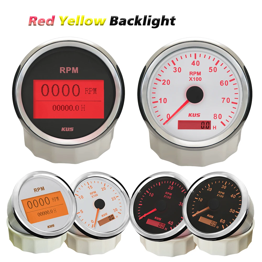 KUS Digital 85mm Tachometer 0-3000 0-4000 0-6000 0-8000 RPM REV Counter Gauge with Hour Meter with Backlight for Car Marine