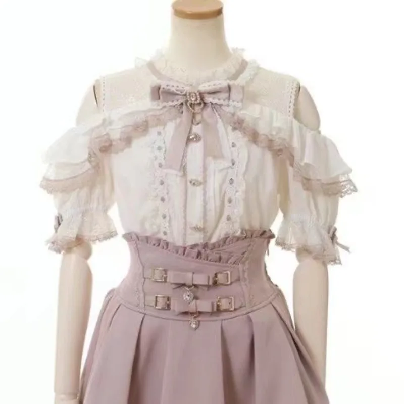 Summer Japanese Sweet Lolita Blouses Women Elegant Love Heart Bow Off Shoulder JK Shirt Girls Casual Lace Ruffles Blusas Tops