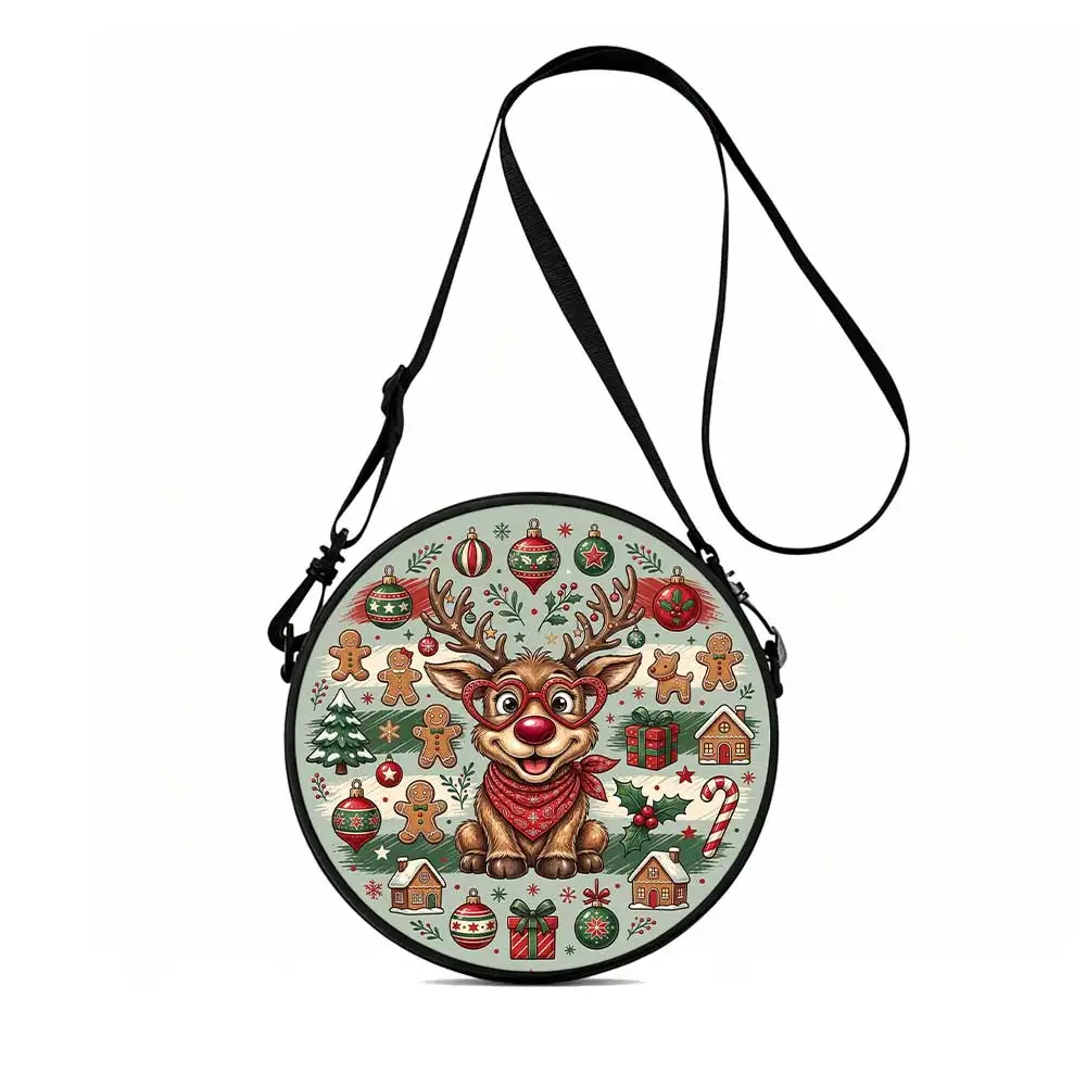 Christmas reindeer decor Print Round Women Shoulder Bag, leisure crossbody purse, 2D flat, retractable strap, practical gift