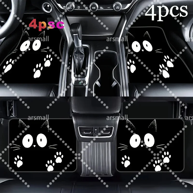 4pcs Cute Kitten Paw Print Universal Car Interior Floor Mats, Set Of 4, Suitable For Most Vehicle Models, SUVs, Family Sedans, P