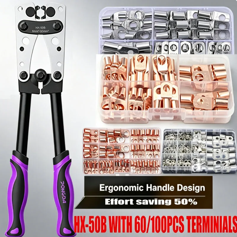 Ergonomic Labor-Saving Cable Crimping Pliers HX-50B, 6-50mm² AWG 8-1/0, Copper Ring Terminal Wire Lug Crimper for Automotive