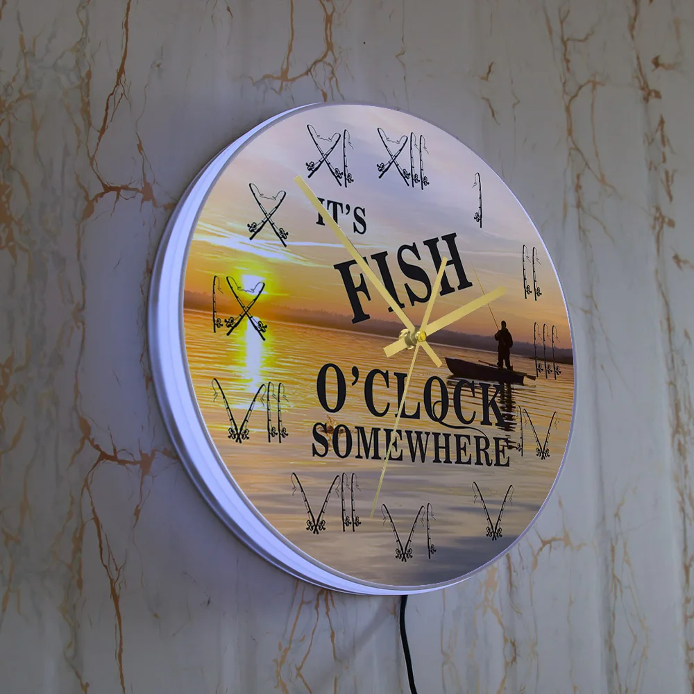 It's Fish O'Clock Somewhere Luminous Wall Clock Fisherman Home Decor Fishing Boat Sunset View LED Lighted Clock Bedside Lamp