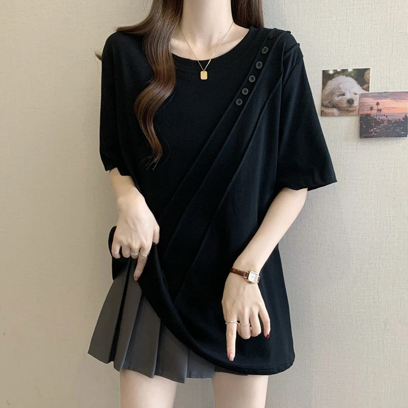 2026 New Women Solid Color Diagonal Button Irregular Hem Right Shoulder Summer Loose Plus Size Casual Short Sleeve T Shirt