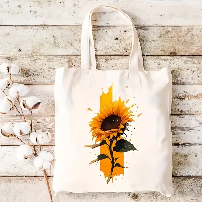 

Splash Art Sunflower Canvas Tote Bag Warm Floral Watercolor Print Shoulder Handbag Reusable Bag for School Daily Casual