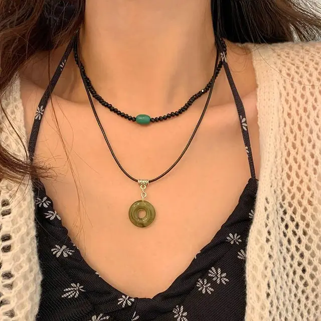 2 sztuk Vintage klamra pokoju wisiorek naszyjniki z kamienia naturalnego koraliki łańcuszki Choker naszyjnik zestaw kobiety mężczyźni biżuteria w stylu chińskim
