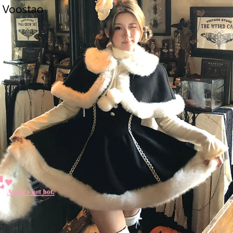 Autunno Inverno Dolce Lolita 3 Pezzi Set Donne Kawaii Peluche Coniglietto Orecchio Mantello Cappotto Sottile Mini Abiti Stile Coreano Femminile Y2k Vestito