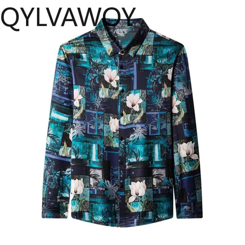 QYLVAWOY Long Sleeve Men's Shirts 92.4% Mulberry Silk Shirts Thin Printed Shirts for Men Premium Tops Menswear Clothing Fashion