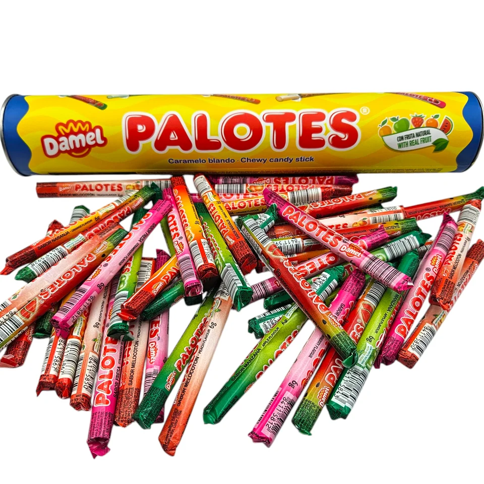 Damel tube Palotes-50 assorted Palotes-5 flavors of Palotes with Natural juice: Strawberry-Sandia-orange-apple and peach. Metal tube of Palotes.