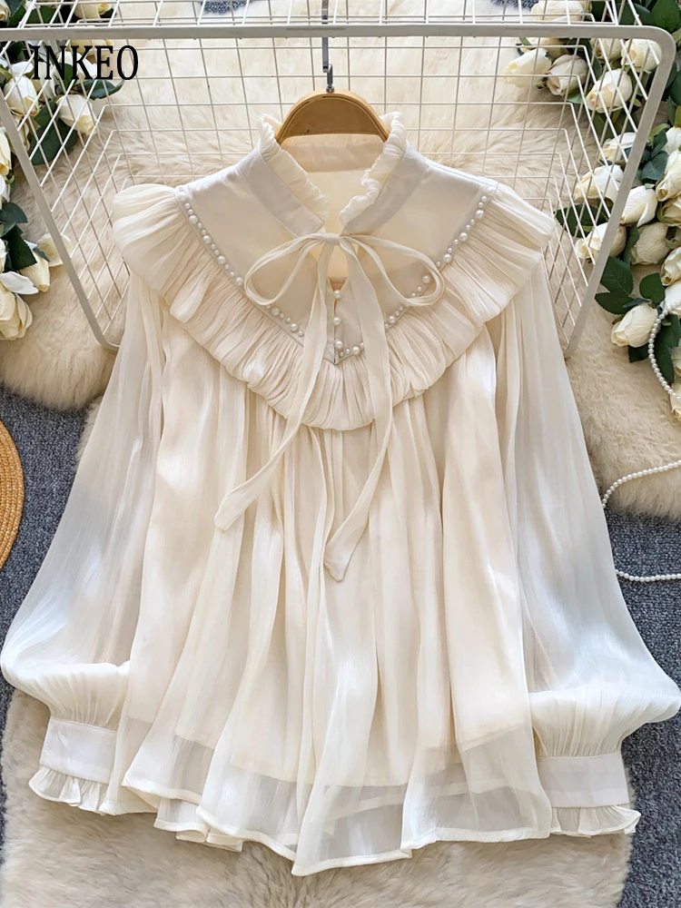 

Женская блузка во французском стиле с бантом, весна-лето 2026, с длинными рукавами, оборками, оверсайз, с жемчужной вышивкой, INKEO 6T001