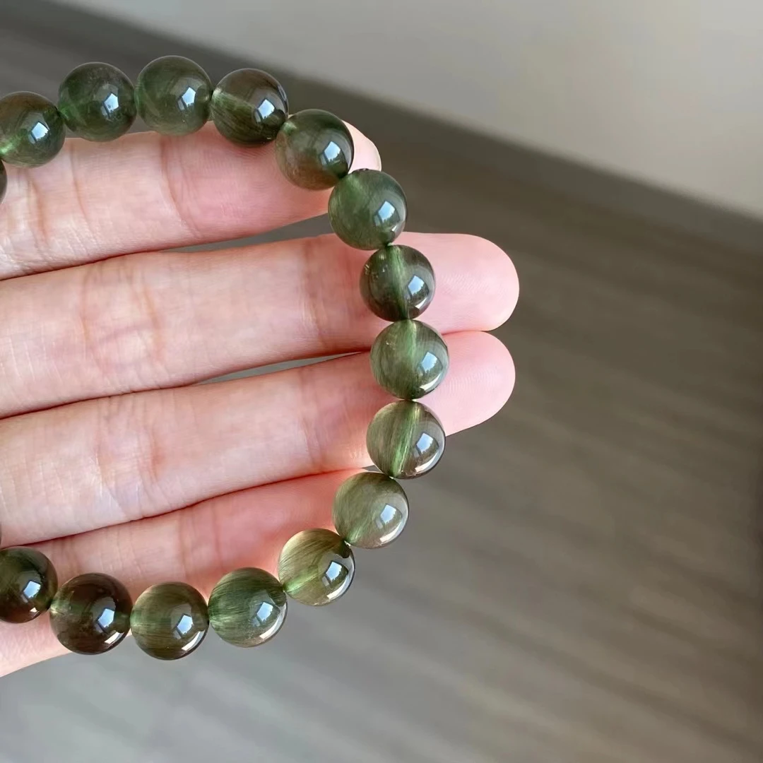 Natural Green Rutilated Quartz Cat Eye Bracelet Brazil Stretch Crystal 8.8mm  Round Beads AAAAA