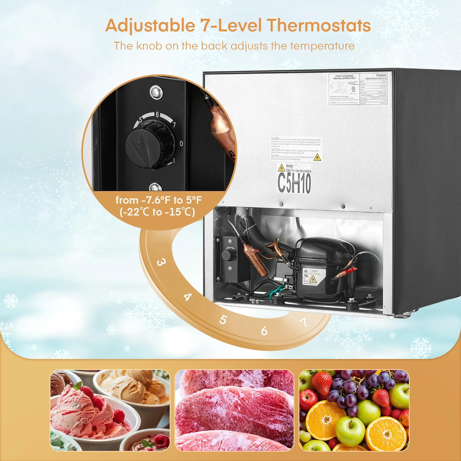 1.1 Cu. ft Worktop Mini Freezer, Compact Upright Freezer for Dorm/Office/RV, 7 Adjustable Temperatures (-10°C to -22°C), Reversible Door, Removable Shelf, Quiet 43dB – Black