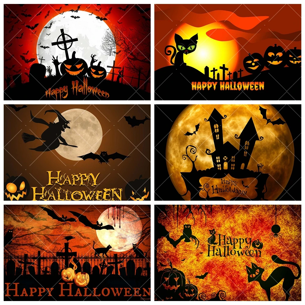 

Custom Halloween Party Background Cartoon Castle Full Moon Terror Pumpkin Black Cat Decoration Banner Photography Backdrop Prop