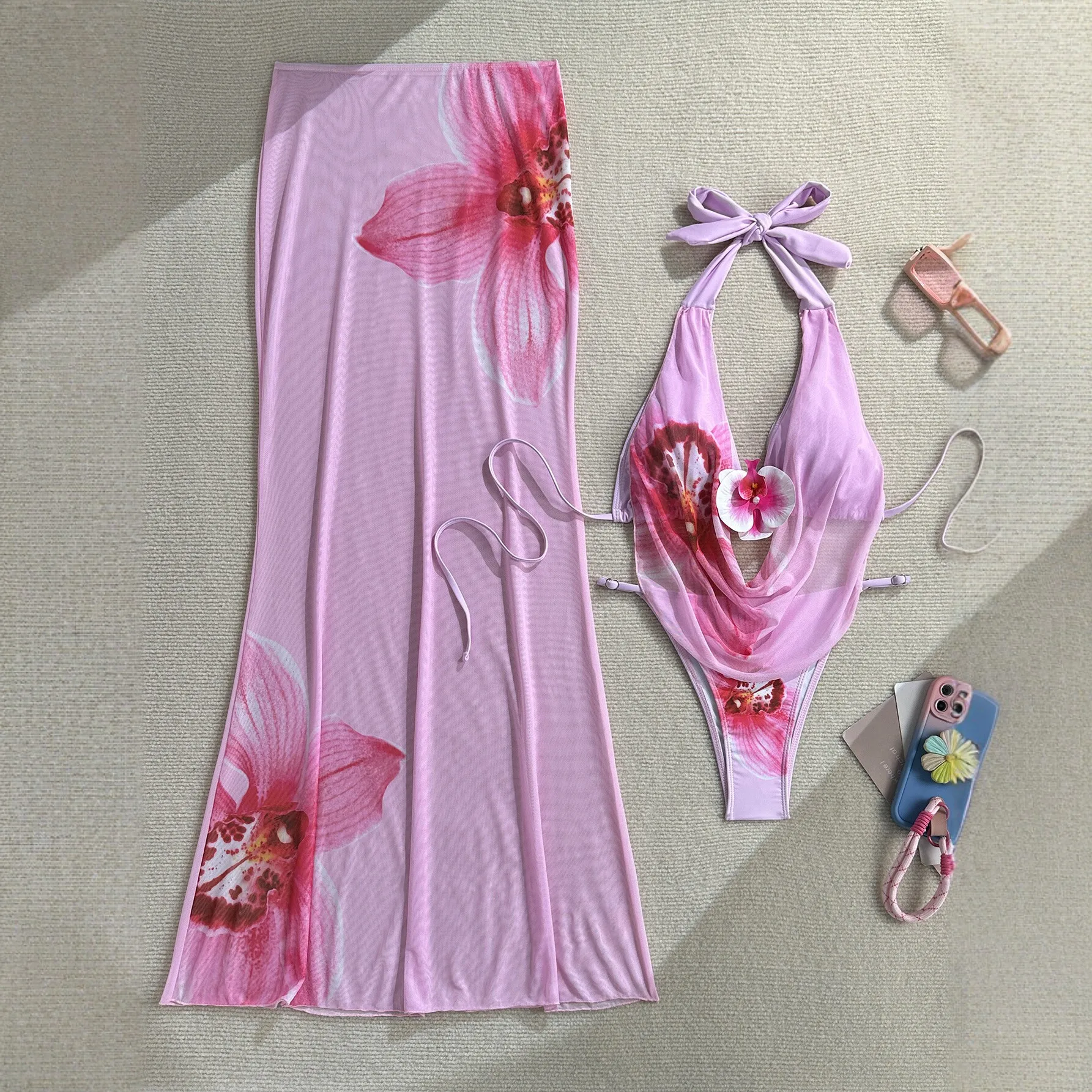 

Bather Bathing Suit Swim Flowers Printed With Skirt 2026 Halter Bikini Women Swimwear Female Swimsuit Three-pieces Bikini set