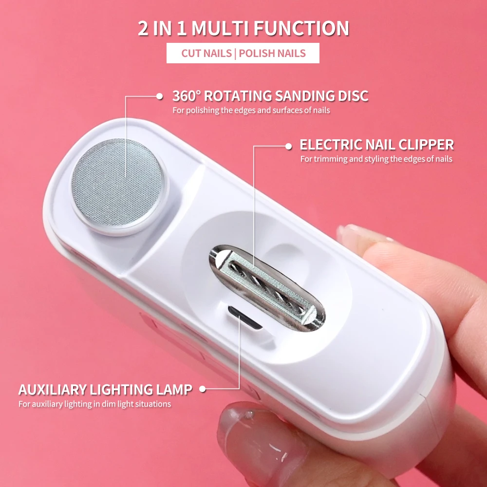 2 in 1 Electric Nail Cutter with LED Light Rechargeable Polisher Portable Automatic Nail Trimmer Baby Adult Nail Care Tool