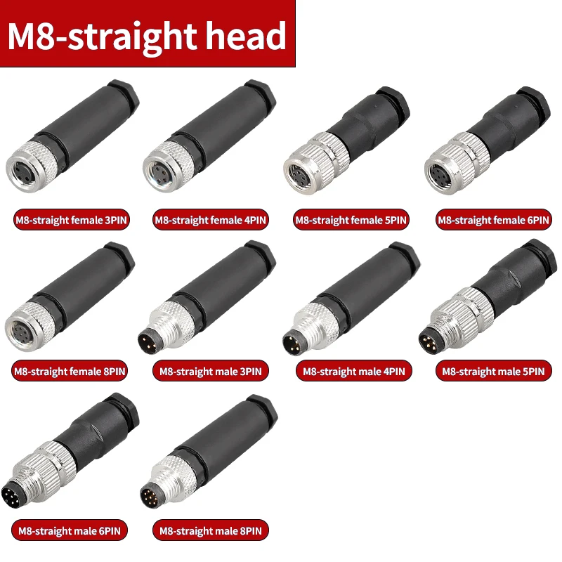 M8 Sensor connector 8mm waterproof male&female straight&angle screw threaded plug coupling 3 4 5 6 Pin Flange Socket back mount