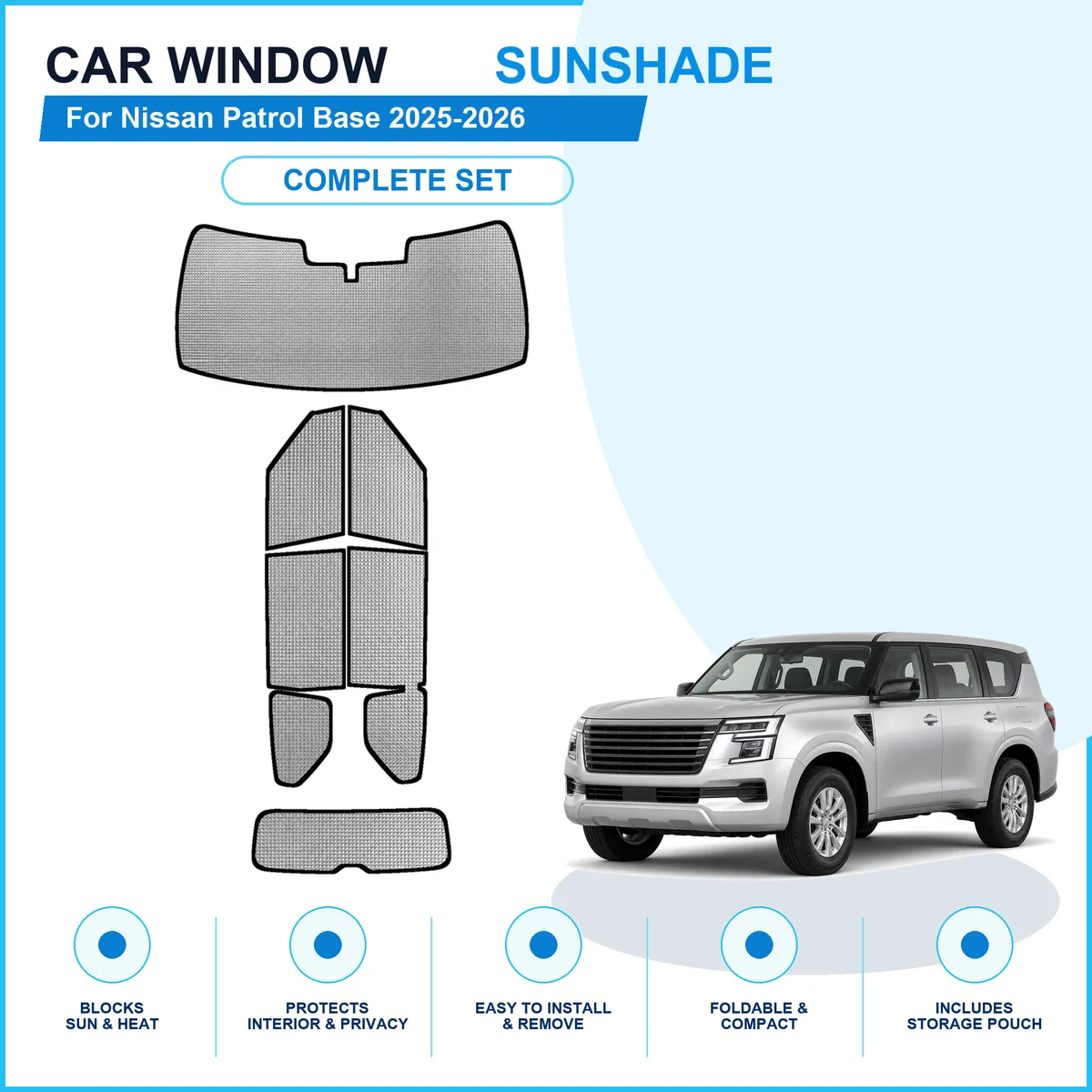 For Nissan Patrol Base 2025-2026 Custom Full Set Window Sunshades Aluminum Foil Suction Cup Anti UV Privacy