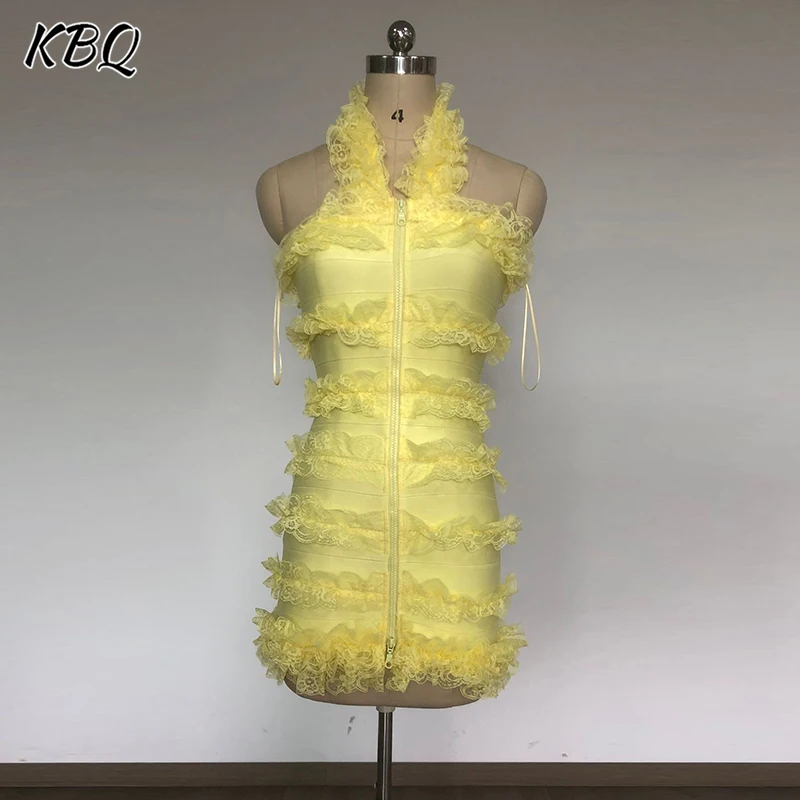 

KBQ Solid Slimming Spliced Fungus Folds Elegant Dresses for Women Halter Sleeveless Patchwork Zipper Backless Dress Female New