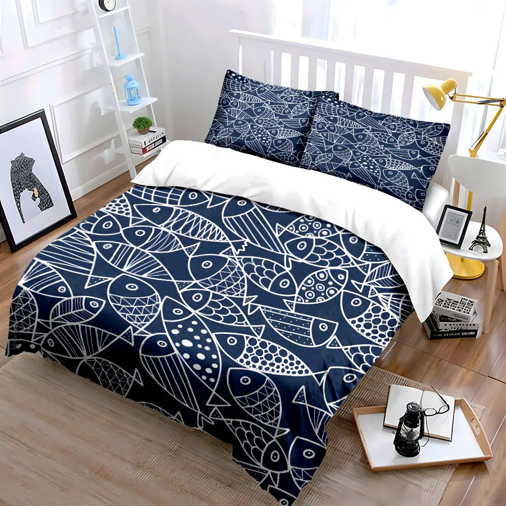 White line fish pattern, dark blue background Duvet Cover Set 1 Duvet Cover+2 Pillowcase Multi Size Bedroom Bedding Decor