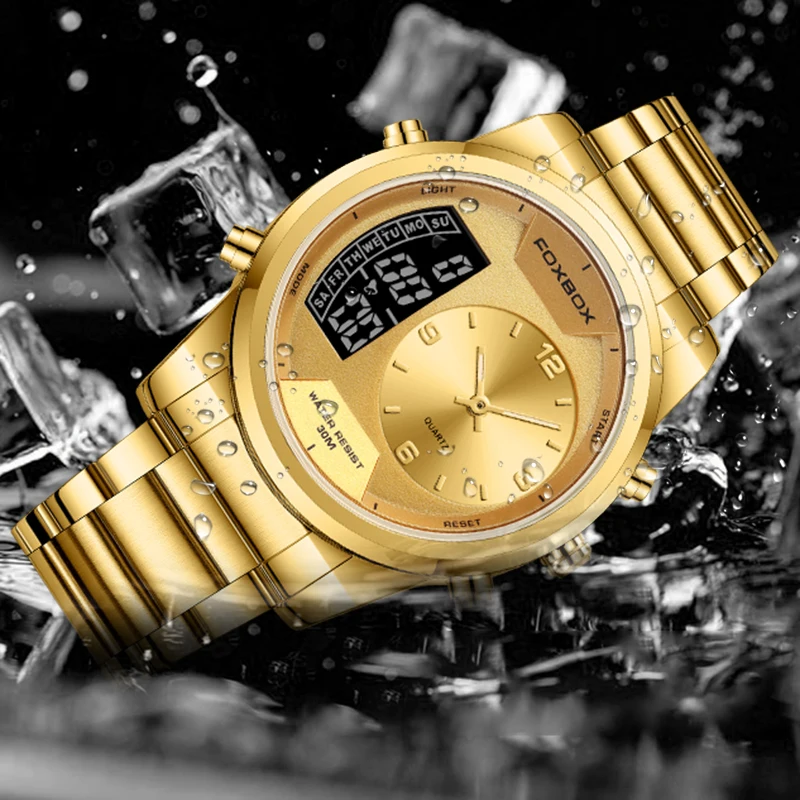 FOXBOX New Gold Quartz Wristwatch For Men Fashion Military Sport Waterproof Watch Men Top Brand Luxury Dual Display Watch Men