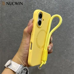 Funda con cordón de silicona líquida Magsafe para iPhone 17 16 15 14 13 12 11 Pro Max Plus, funda de pulsera inalámbrica con forro de microfibra