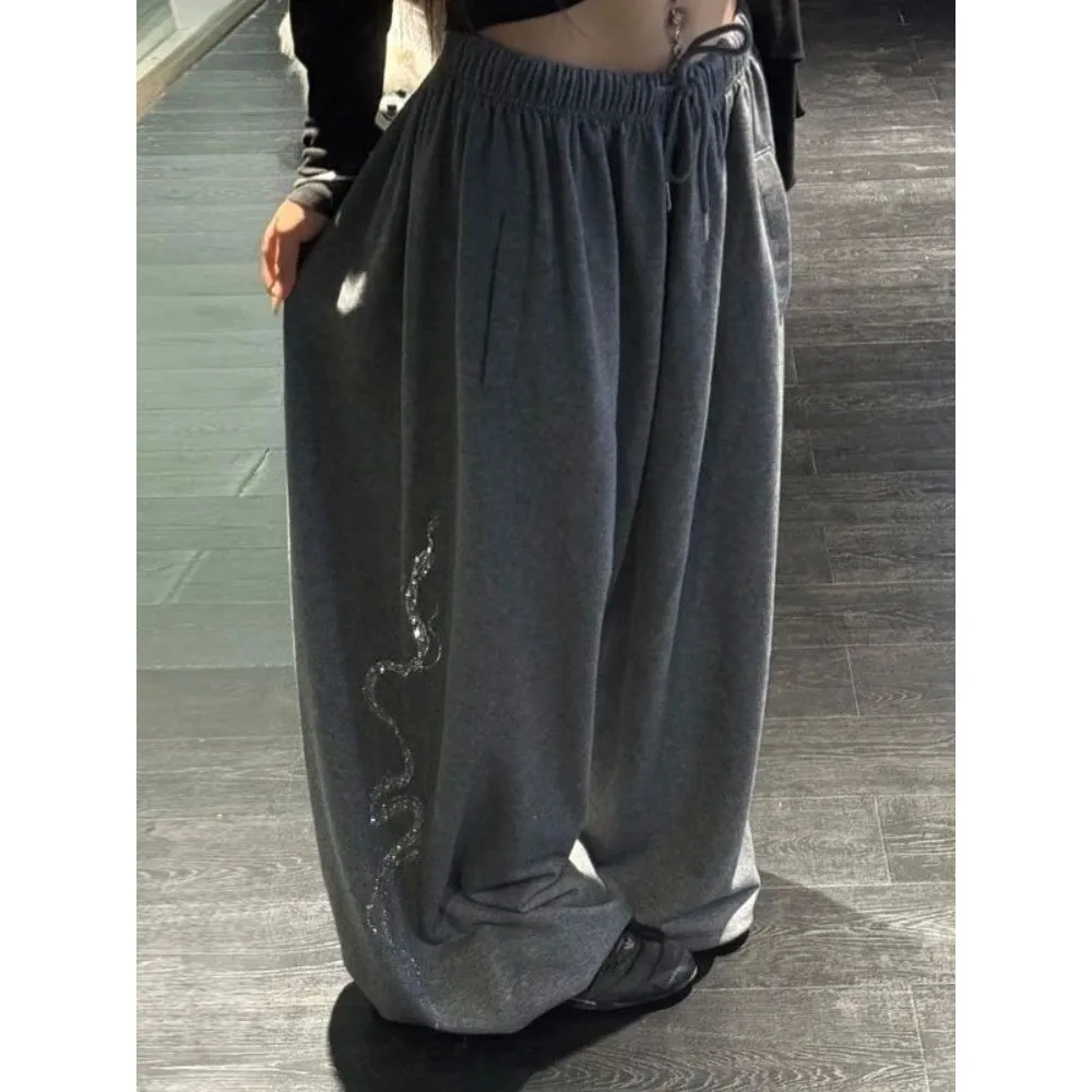 

Vintage Casual Rhinestone Pants Women Gray Baggy Hip Hop Har Flared Leggings Non-Shrinkable Three Acetate Cosplay Neutral