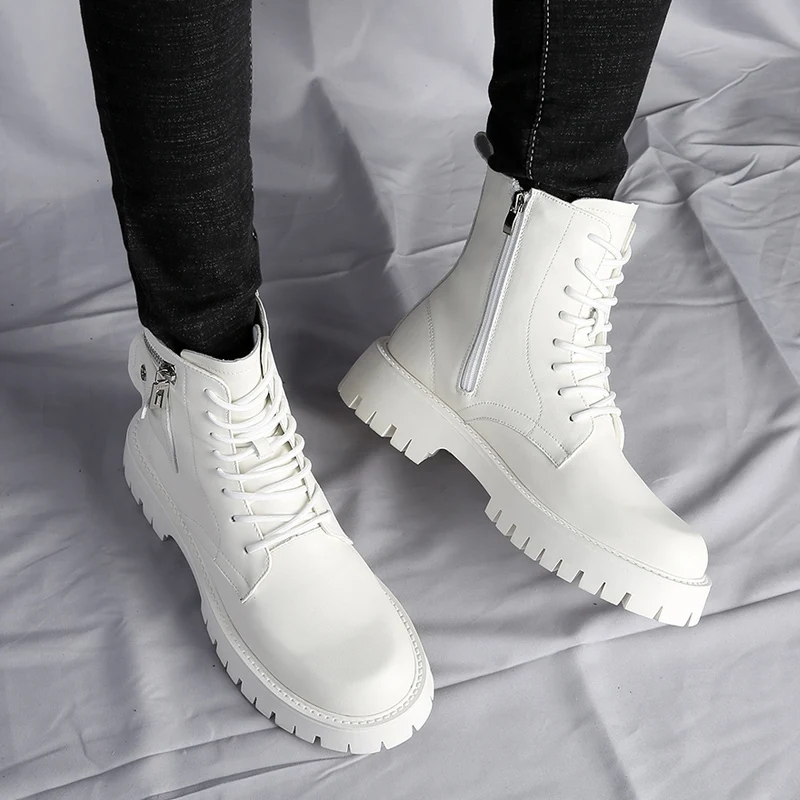 Men High Top Casual Chunky Sneakers Fashion Comfortable Male Genuine Leather Ankle Boots Shoes Men Lace Up Classic White/Black