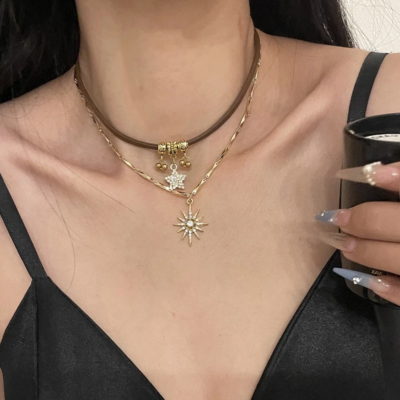 

2025 Trendy Sun Star Zircon Necklaces For Women Vintage Leather Necklace Double Layered Pendant Chain Choker Fashion Jewelry