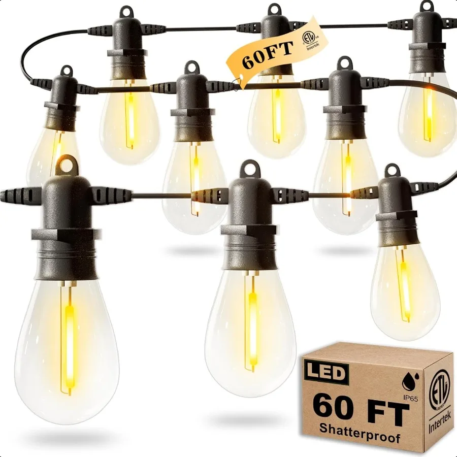 

60FT LED Outdoor String Lights with 16+1 Edison Shatterproof IP65 Waterproof Bulbs 2700K Dimmable Commercial Grade Patio Lights