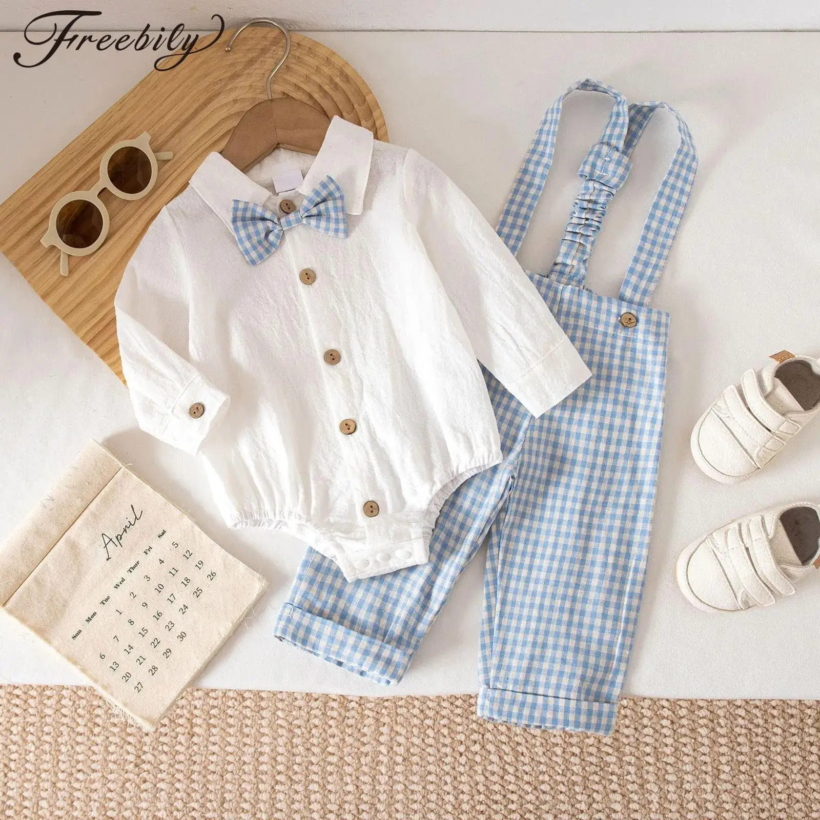 ملابس رسمية للأطفال الأولاد بأكمام طويلة مع سروال بحمالات منقوش لحفلات الزفاف وأعياد الميلاد وحفلات استقبال المولود الجديد