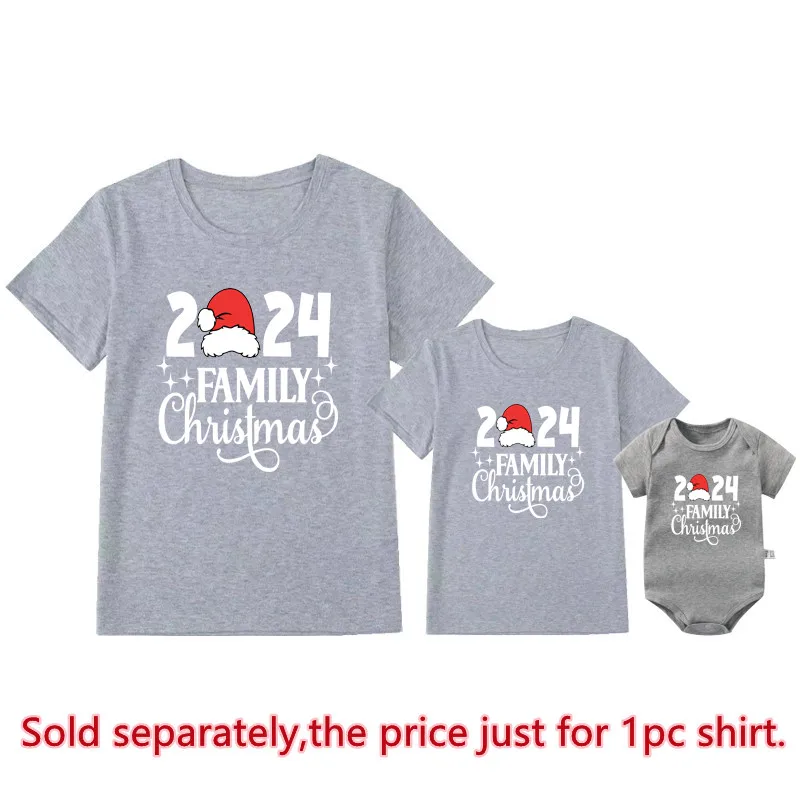 2024 Family Christmas Shirts Cotton Family Matching Outfits Dad Mom Kids Tshirts Baby Rompers Matching Pajamas Xmas Clothes Gift