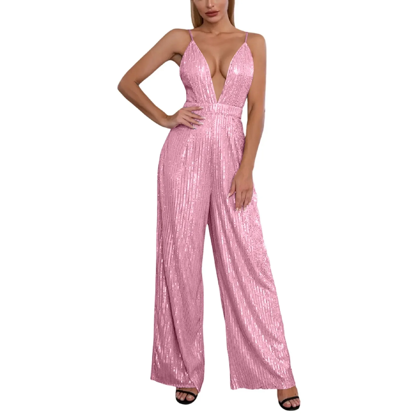 

European and American Jumpsuit for Women with Suspenders Sequined Trousers Solid Color Deep V-Neck Clothes