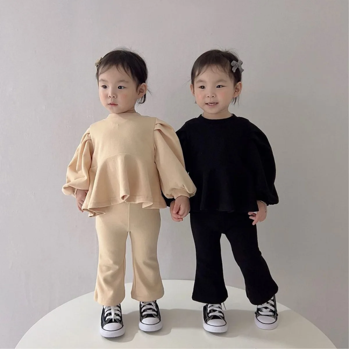 2024 Spring Girl Baby Solid Casual Puff Sleeves Tops + Flared Pants 2pcs Fashion Cotton Children Sweatshirt Suit Kids Tracksuit