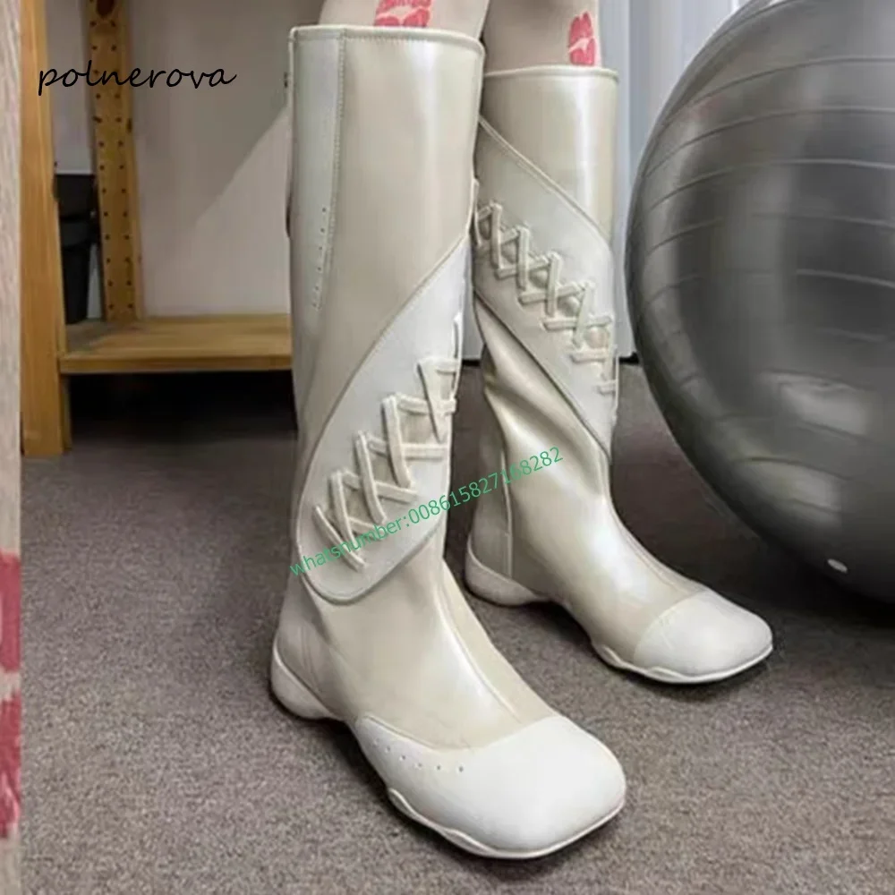 

Newest Patchwork Knee High Boots Solid Lace-Up Round Toe Boot Retro Daily Party Shoe for Women 2023 Autumn Winter Fashion Luxury